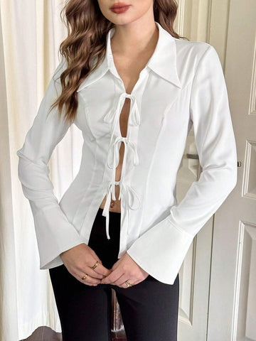 1pc Women Retro Elegant Long Sleeve White Collared Blouse, Front Tie Bow Decor Fitted Shirt,