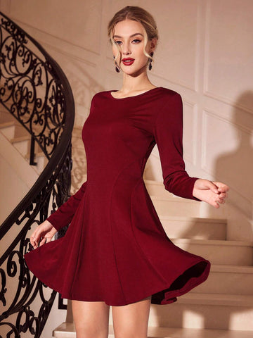Vintamour Classic Elegant Bodycon Long Sleeve Red Mini Ruffle Hem Dress For Women, Party & Gathering, Autumn/Winter