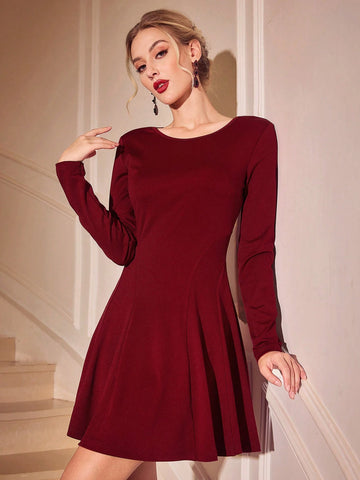 Vintamour Classic Elegant Bodycon Long Sleeve Red Mini Ruffle Hem Dress For Women, Party & Gathering, Autumn/Winter