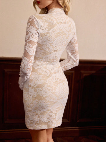 Vintamour Retro Elegant Party Dress For Women, Figure-Flattering, Stand Collar, Teardrop Collar, Lace Short Dress, White Color, Suitable For Autumn/Winter