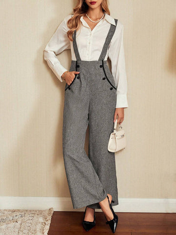 Vintamour Retro Elegant Women's Jumpsuit, Color Blocking Edge Pockets Bib Overalls Pants, Grey Long Suspender Pants, Versatile For All Seasons