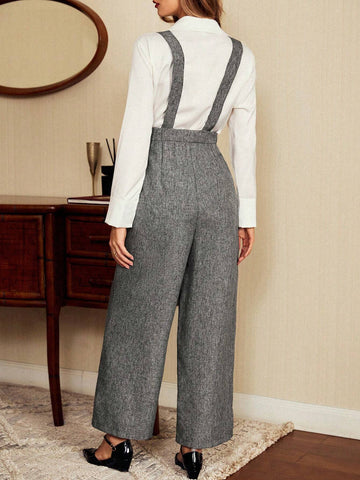 Vintamour Retro Elegant Women's Jumpsuit, Color Blocking Edge Pockets Bib Overalls Pants, Grey Long Suspender Pants, Versatile For All Seasons