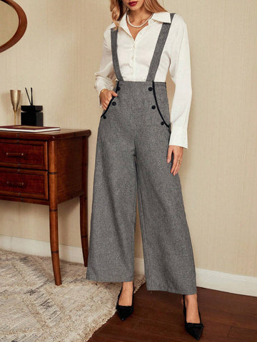 Vintamour Retro Elegant Women's Jumpsuit, Color Blocking Edge Pockets Bib Overalls Pants, Grey Long Suspender Pants, Versatile For All Seasons