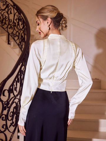 Vintage Elegant Women Blouse Satin V-Neck Lantern Sleeve Ruched Long Sleeve