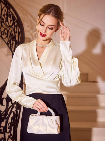 Vintage Elegant Women Blouse Satin V-Neck Lantern Sleeve Ruched Long Sleeve