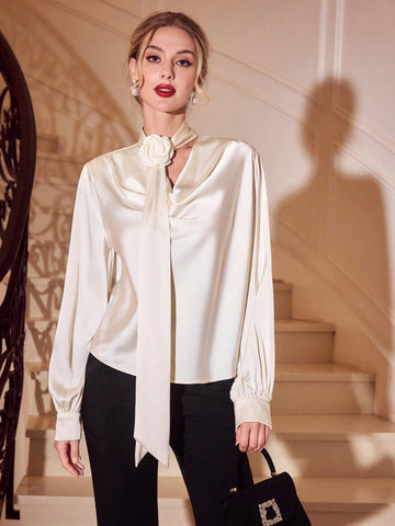 Vintage Elegant Women Blouse With Draped Collar, Bow Tie Knot, Long Lantern Sleeve