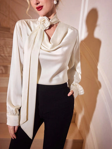 Vintage Elegant Women Blouse With Draped Collar, Bow Tie Knot, Long Lantern Sleeve