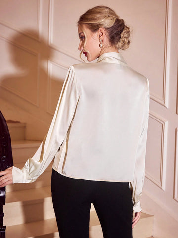 Vintage Elegant Women Blouse With Draped Collar, Bow Tie Knot, Long Lantern Sleeve