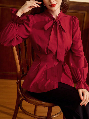 Vintage Elegant Women Shirt, Autumn/Winter, Fitted Front Bow Tie Blouse, Red Long Sleeve Shirt