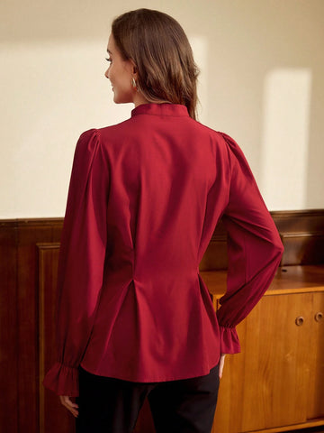 Vintage Elegant Women Shirt, Autumn/Winter, Fitted Front Bow Tie Blouse, Red Long Sleeve Shirt