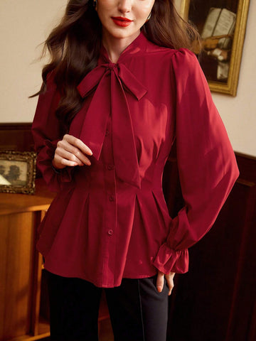 Vintage Elegant Women Shirt, Autumn/Winter, Fitted Front Bow Tie Blouse, Red Long Sleeve Shirt