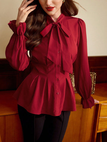 Vintage Elegant Women Shirt, Autumn/Winter, Fitted Front Bow Tie Blouse, Red Long Sleeve Shirt
