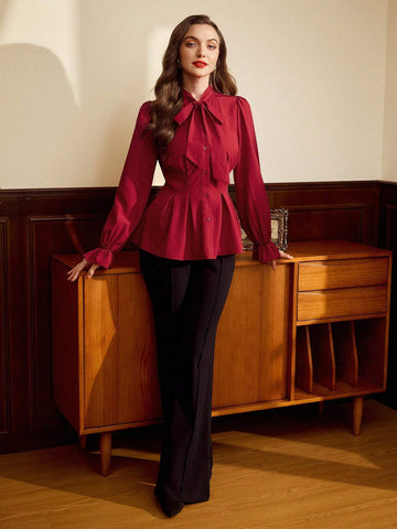 Vintage Elegant Women Shirt, Autumn/Winter, Fitted Front Bow Tie Blouse, Red Long Sleeve Shirt