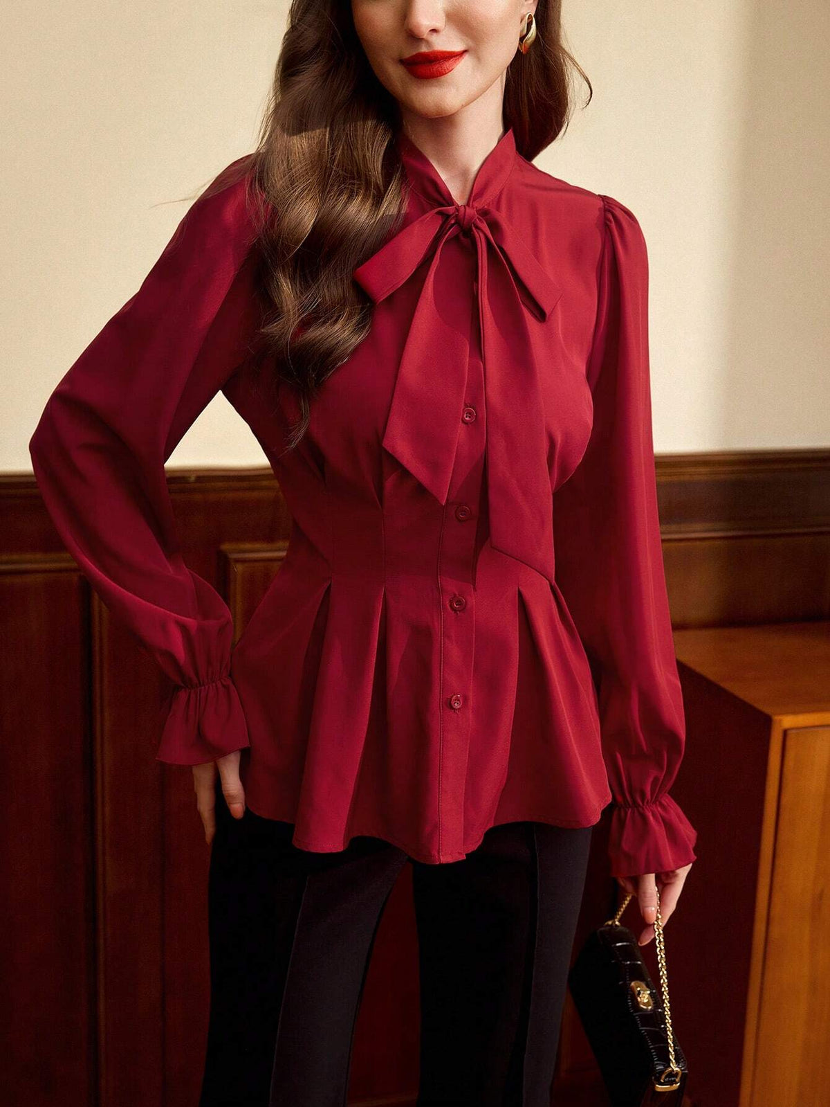 Vintage Elegant Women Shirt, Autumn/Winter, Fitted Front Bow Tie Blouse, Red Long Sleeve Shirt