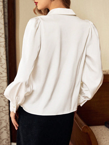 Vintage Elegant Women's Blouse, Autumn/Winter Loose Collar Metal Button Pleated Long Sleeve White Satin Shirt