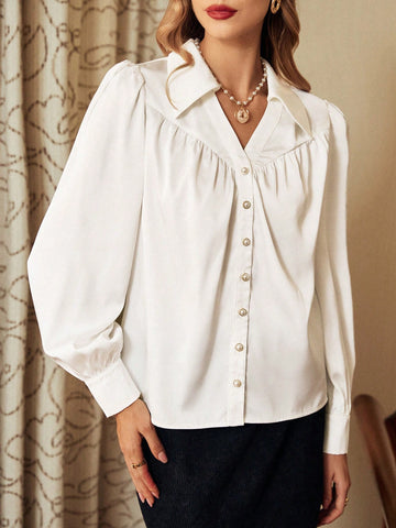 Vintage Elegant Women's Blouse, Autumn/Winter Loose Collar Metal Button Pleated Long Sleeve White Satin Shirt