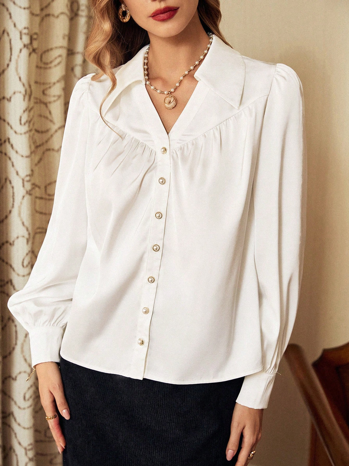 Vintage Elegant Women's Blouse, Autumn/Winter Loose Collar Metal Button Pleated Long Sleeve White Satin Shirt