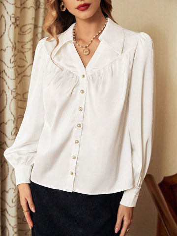 Vintage Elegant Women's Blouse, Autumn/Winter Loose Collar Metal Button Pleated Long Sleeve White Satin Shirt