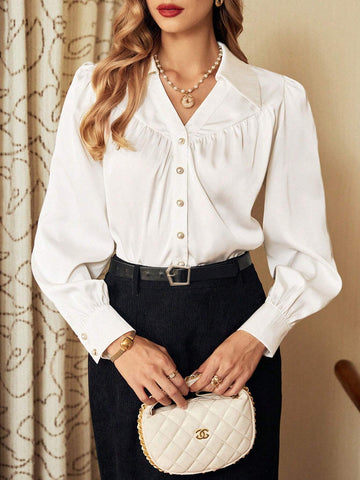 Vintage Elegant Women's Blouse, Autumn/Winter Loose Collar Metal Button Pleated Long Sleeve White Satin Shirt