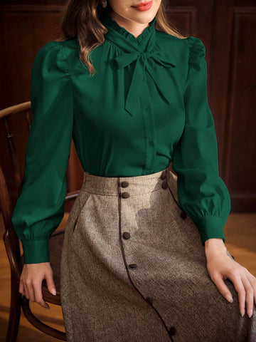 Vintage Elegant Women's Blouse With Ruffle Collar, Bow Tie Cuff, And Gathered Details, Long Sleeve Casual Work Shirt