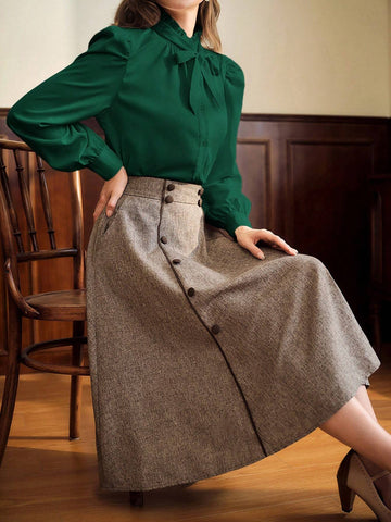 Vintage Elegant Women's Blouse With Ruffle Collar, Bow Tie Cuff, And Gathered Details, Long Sleeve Casual Work Shirt