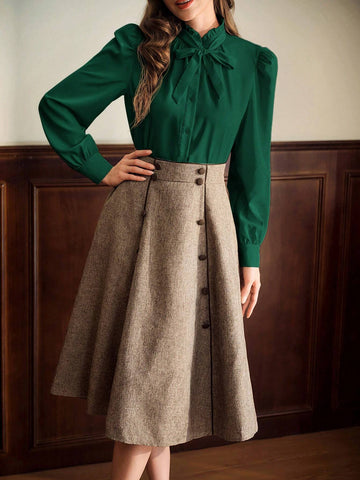 Vintage Elegant Women's Blouse With Ruffle Collar, Bow Tie Cuff, And Gathered Details, Long Sleeve Casual Work Shirt