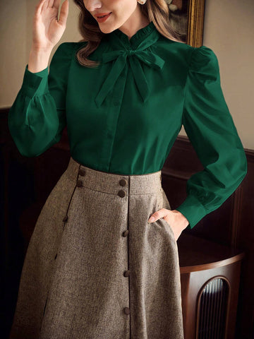 Vintage Elegant Women's Blouse With Ruffle Collar, Bow Tie Cuff, And Gathered Details, Long Sleeve Casual Work Shirt