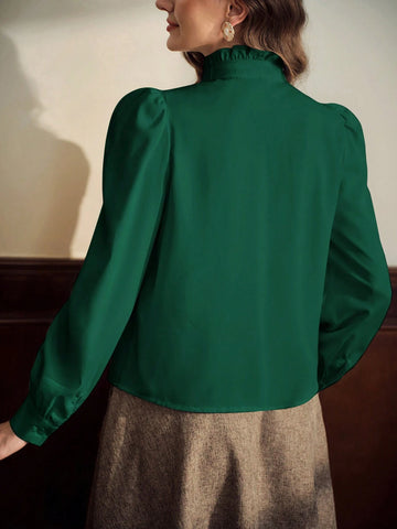 Vintage Elegant Women's Blouse With Ruffle Collar, Bow Tie Cuff, And Gathered Details, Long Sleeve Casual Work Shirt