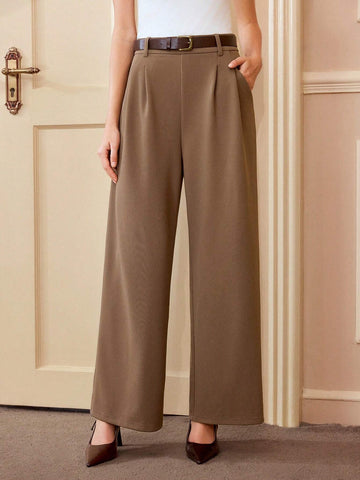 Vintamour Vintage Elegant Women's Khaki Straight Leg Pants With Belt And Pocket, Fitted Waistline, Autumn/Winter New Years Women Outfit