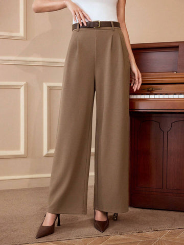 Vintamour Vintage Elegant Women's Khaki Straight Leg Pants With Belt And Pocket, Fitted Waistline, Autumn/Winter New Years Women Outfit