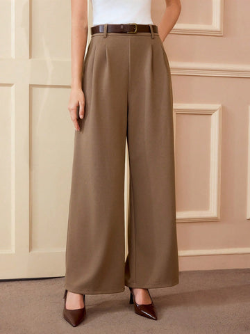 Vintamour Vintage Elegant Women's Khaki Straight Leg Pants With Belt And Pocket, Fitted Waistline, Autumn/Winter New Years Women Outfit