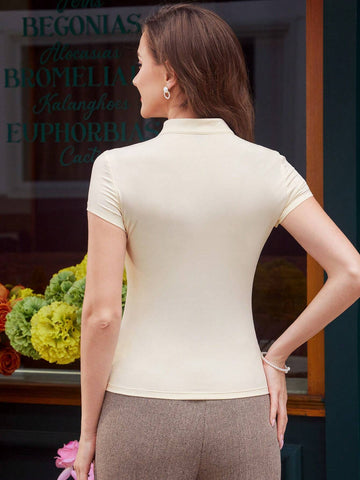Vintage Elegant Women's T-Shirt, Spring/Summer Slim-Fit Knitted Keyhole Hollow Out Small