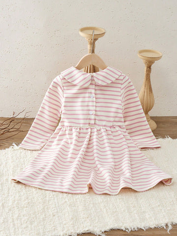 Kids Autumn Young Girl Casual Striped Bow Decor Dress
