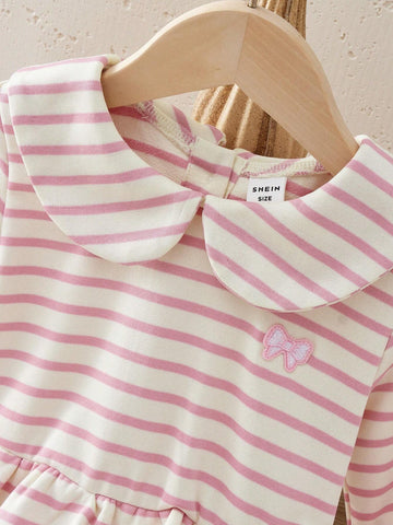 Kids Autumn Young Girl Casual Striped Bow Decor Dress