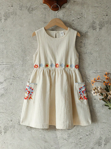 Vintaside Kids Baby Girls Apricot Embroidered Sleeveless Dress, Pastoral Floral Pattern, Suitable For Holidays, Gatherings