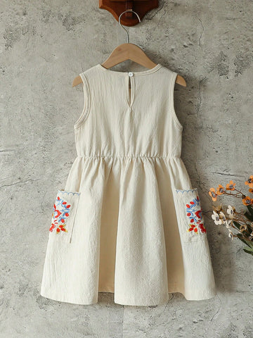 Vintaside Kids Baby Girls Apricot Embroidered Sleeveless Dress, Pastoral Floral Pattern, Suitable For Holidays, Gatherings