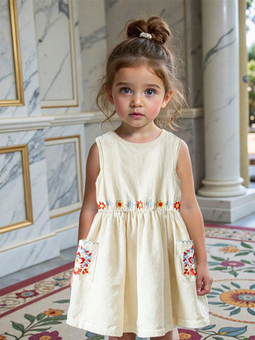 Vintaside Kids Baby Girls Apricot Embroidered Sleeveless Dress, Pastoral Floral Pattern, Suitable For Holidays, Gatherings
