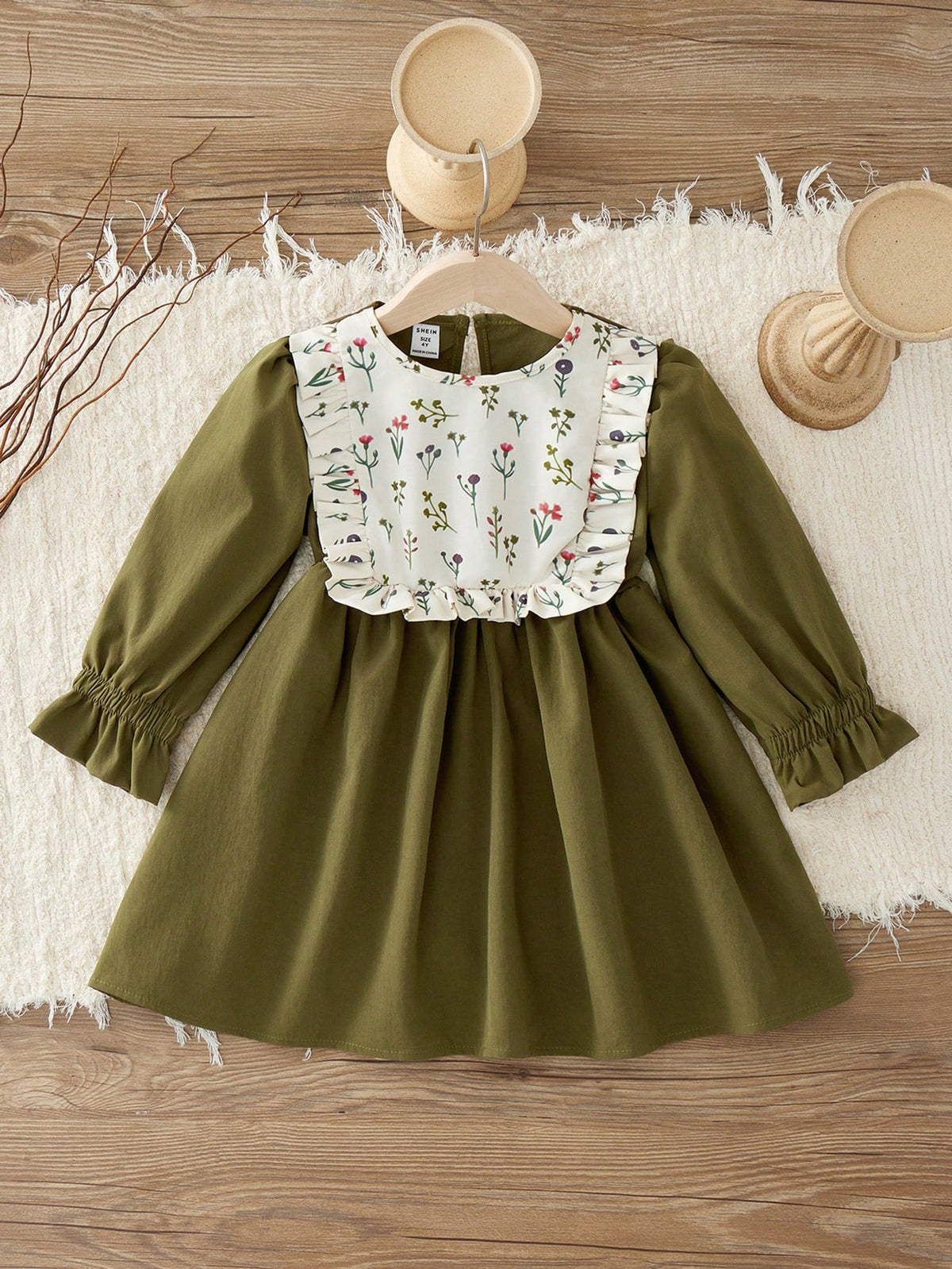 Girls' Trendy Princess Style Korean Round Neck Bubble Sleeves Ruffle Edge Dress Suitable For Toddlers