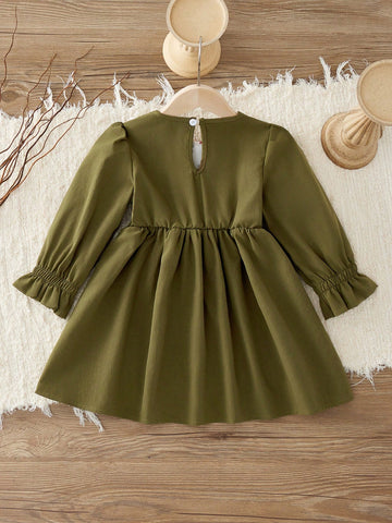 Girls' Trendy Princess Style Korean Round Neck Bubble Sleeves Ruffle Edge Dress Suitable For Toddlers
