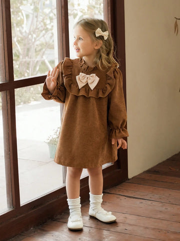 Vintaside Kids Babygirl Young Girl Girls Fashionable Western Style Casual Cute Sweet Big Bow Long Sleeve Dress