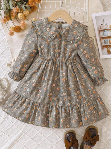 Kids Girls Toddler Cute Peter Pan Collar Patchwork Ruffle Hem Ditsy Floral Vintage Style Long Sleeve Dress, Autumn/Winter