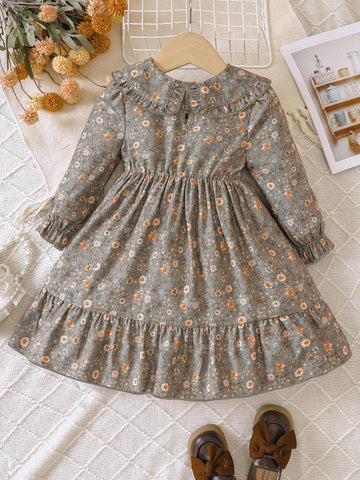 Kids Girls Toddler Cute Peter Pan Collar Patchwork Ruffle Hem Ditsy Floral Vintage Style Long Sleeve Dress, Autumn/Winter