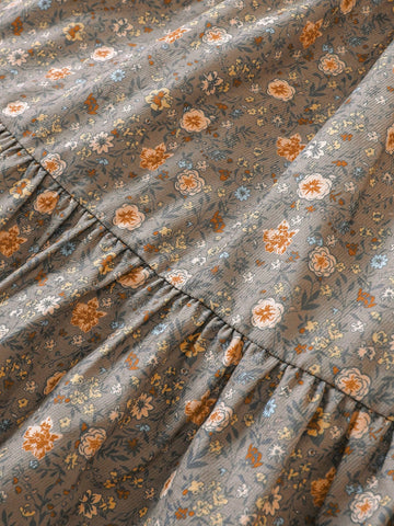 Kids Girls Toddler Cute Peter Pan Collar Patchwork Ruffle Hem Ditsy Floral Vintage Style Long Sleeve Dress, Autumn/Winter