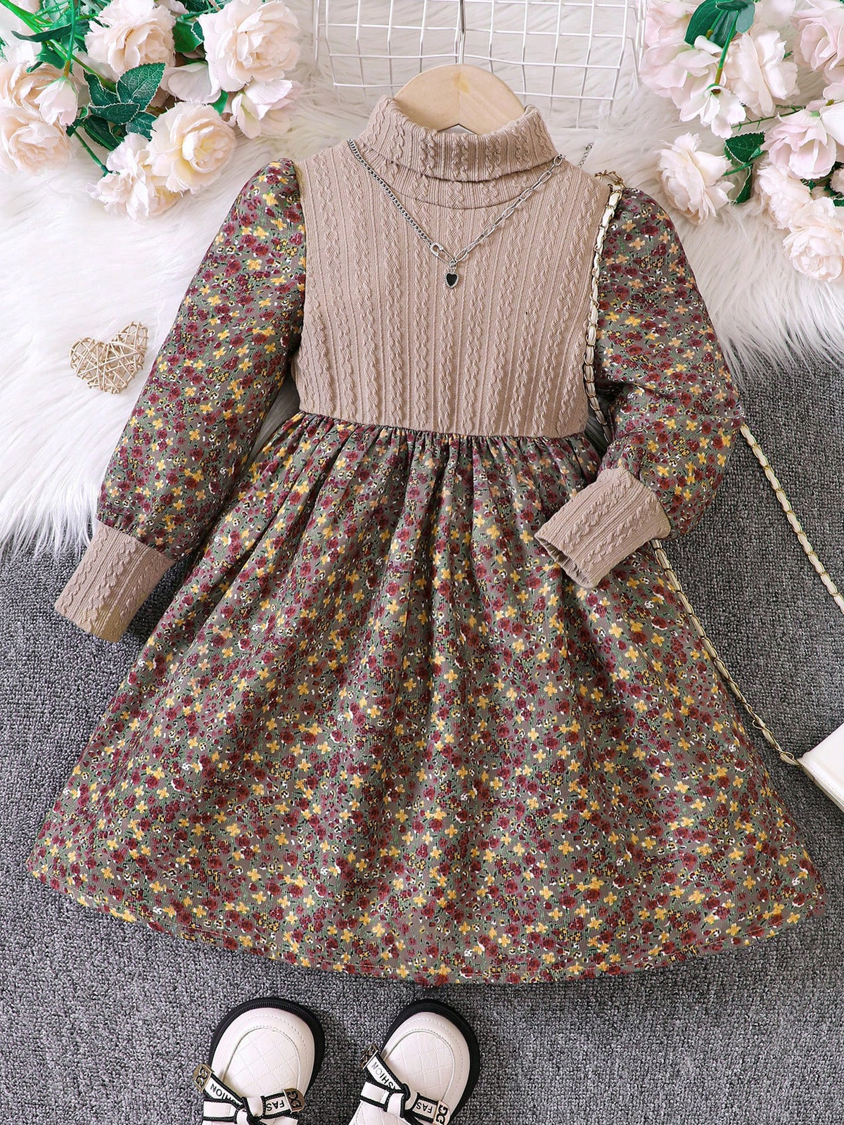 Vintaside Kids Young Girl Autumn/Winter Floral Patchwork Mock Neck Long Sleeve Knitted Dress, Cute Countryside Style