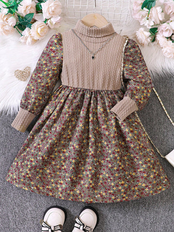 Vintaside Kids Young Girl Autumn/Winter Floral Patchwork Mock Neck Long Sleeve Knitted Dress, Cute Countryside Style