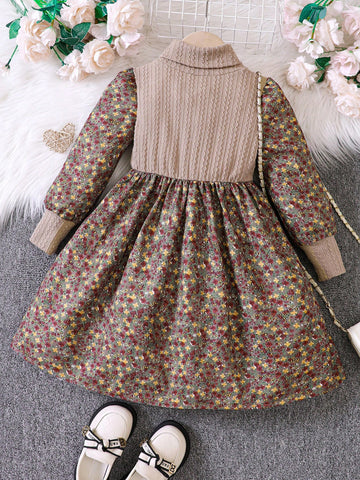 Vintaside Kids Young Girl Autumn/Winter Floral Patchwork Mock Neck Long Sleeve Knitted Dress, Cute Countryside Style