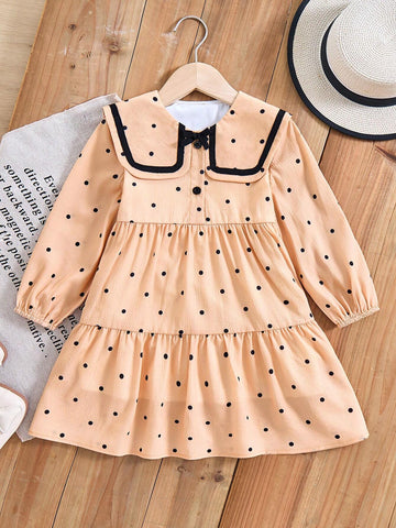 Vintaside Kids Young Girl Contrast-Color Trim Button Front Long Sleeve Pleated Casual Dress
