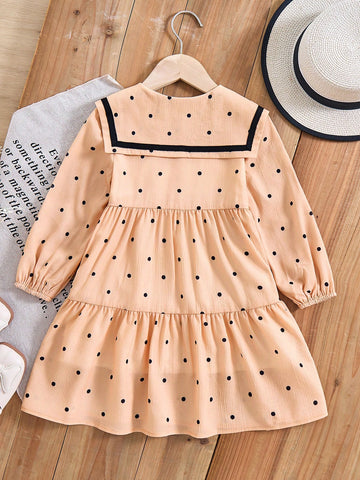 Vintaside Kids Young Girl Contrast-Color Trim Button Front Long Sleeve Pleated Casual Dress