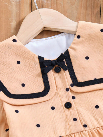 Vintaside Kids Young Girl Contrast-Color Trim Button Front Long Sleeve Pleated Casual Dress