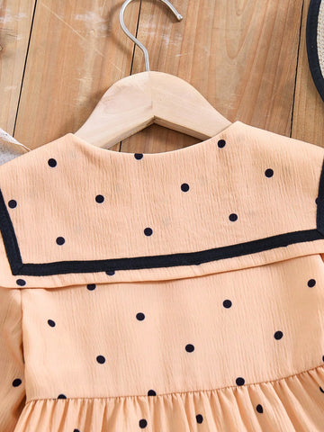 Vintaside Kids Young Girl Contrast-Color Trim Button Front Long Sleeve Pleated Casual Dress